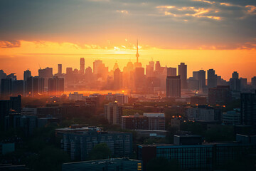 Obraz premium Breathtaking cityscape at dawn, with the sun rising majestically behind soaring skyscrapers and a warm, golden sky