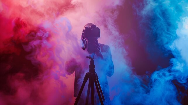Photographer in Colorful Smoke with Camera and Tripo