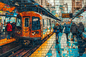 A vibrant mosaic-style depiction of various transport vehicles, showcasing intricate patterns and colorful artistry.