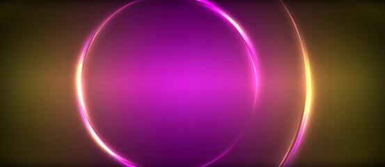 Neon glowing circle rays, light round lines in the dark, planet style neon wave lines. Energetic electric concept design for wallpaper, banner, background
