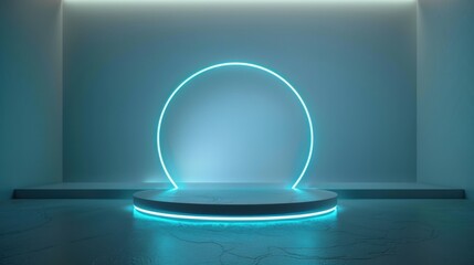 Futuristic circular podium with neon lights in a modern studio