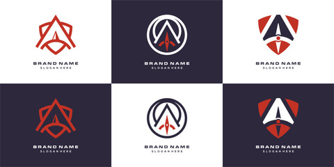 Shield compass navigation vector logo collection. Abstract idea of ​​compass needle and shield design with strong lines. © semoro