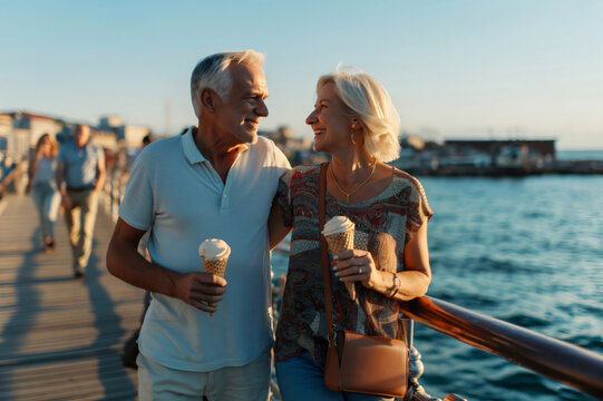 Elderly couple walks along a boardwalk holding hands and eating ice cream during a beautiful, warm sunset evening - Powered by Adobe