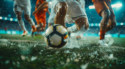 Closeup of soccer ball and player's feet