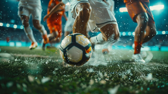 Closeup of soccer ball and player's feet