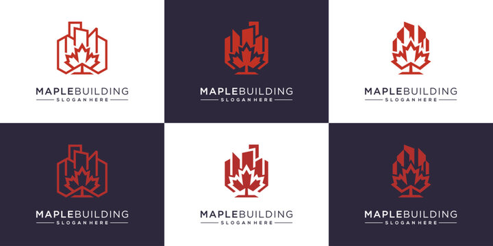 Red maple building vector logo collection. Abstract design ideas of maple leaves and buildings.