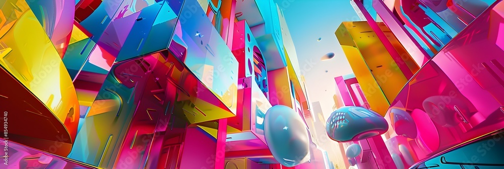 Poster vibrant futuristic fractal composition with dimensional geometric shapes and kaleidoscopic colors