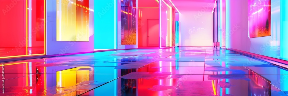 Aufkleber vibrant futuristic mirrored hallway with glowing neon lights and geometric patterns