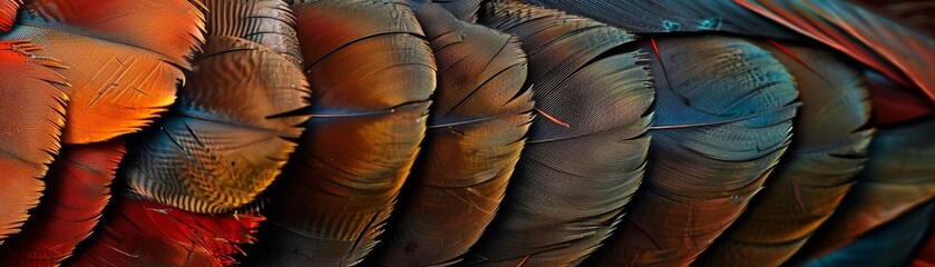 The feathers of a bird are shown in a close up, with the colors of red, orange