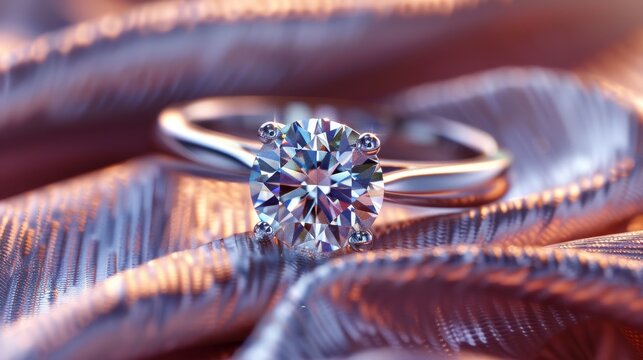 A close-up of a diamond ring, with its brilliant-cut stone sparkling and reflecting light, set against a backdrop of soft, luxurious fabric, highlighting its exquisite beauty and e