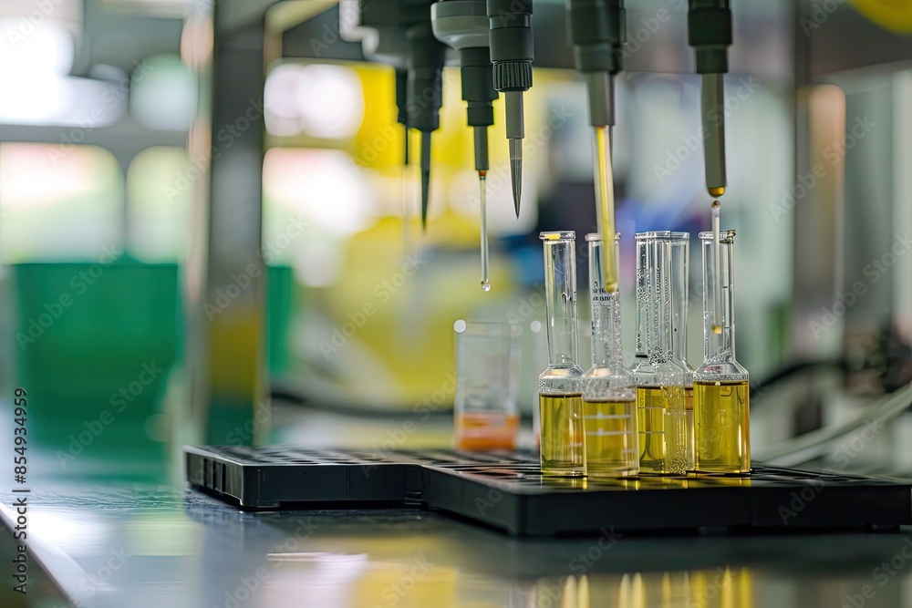 Poster a row of test tubes filled with liquid, Highlight the precision of a lab pH meter in 3D