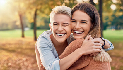 Fototapeta premium Group of friends having fun together outdoors, copy space 