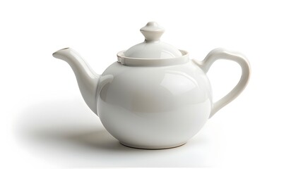 White Ceramic Teapot with Curved Handle and Spout on Isolated Background