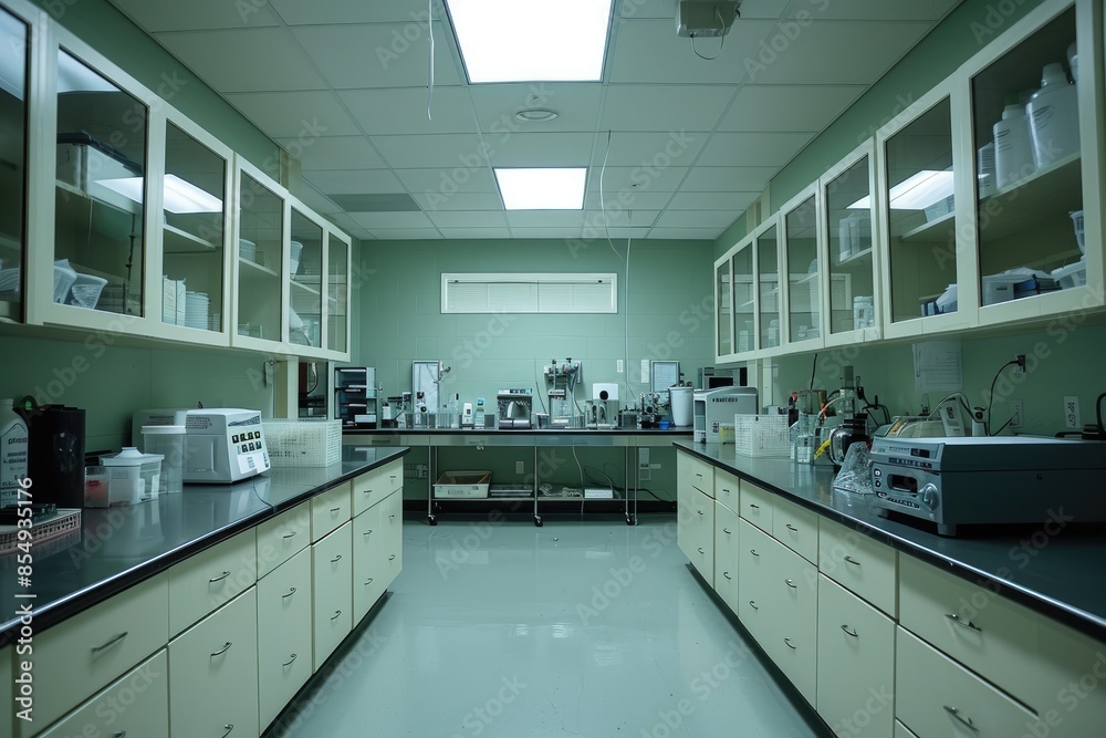 Poster a long laboratory with a lot of counter space, highlight the symmetry of a biological laboratory set