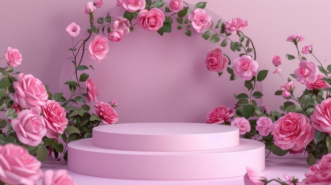 Pink rose podium with blooming spring flowers