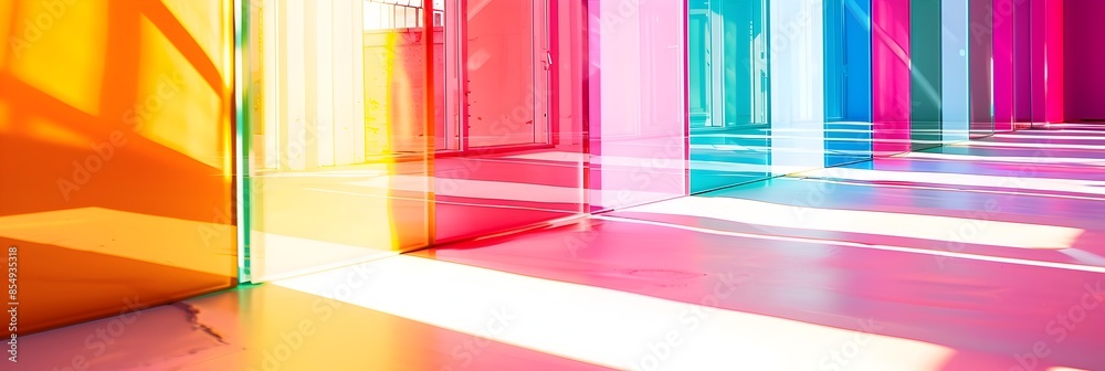 Poster Vibrant Geometric Architectural Corridor with Mesmerizing Reflections and Lighting