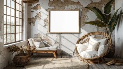 Mockup frame in nomadic boho interior background with rustic decor