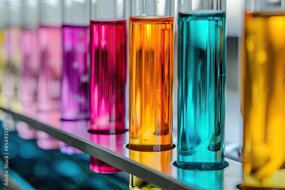 Poster a row of test tubes filled with colored liquids, highlight the vibrant hues of indicator solutions