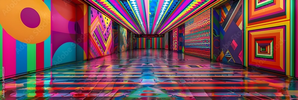 Poster Vibrant Geometric Hallway of Psychedelic Illusions and Cascading Chromatic Patterns