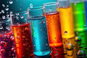 a row of test tubes filled with liquid, Highlight the vibrant colors of chemical reactions
