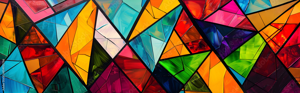 Poster vibrant geometric mosaic of colorful stained glass shapes and patterns