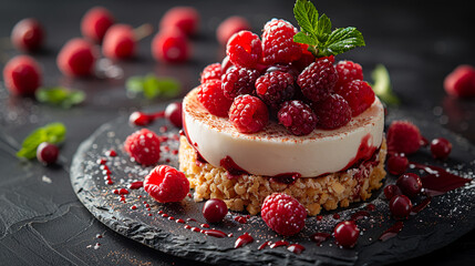 Small, elegant cheesecake dessert with fresh raspberries, sprig of mint, drizzle of raspberry...