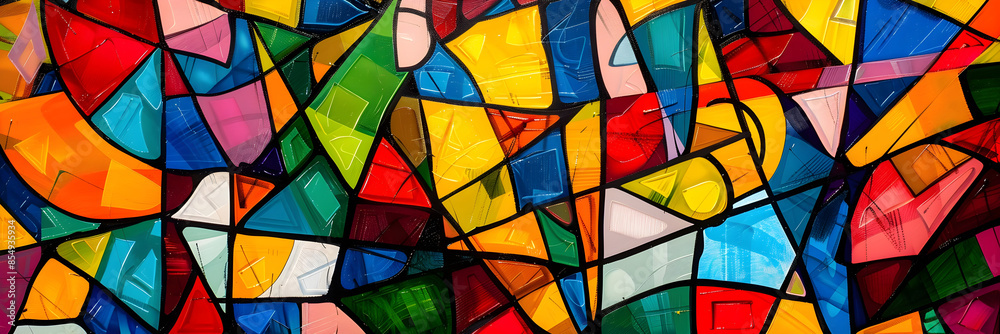 Poster vibrant geometric mosaic of colorful stained glass tiles in kaleidoscopic symmetrical pattern