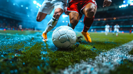 Naklejka premium Intense soccer match close-up on the ball