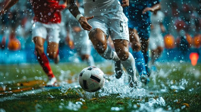 Intense Soccer Game with Rain Droplets