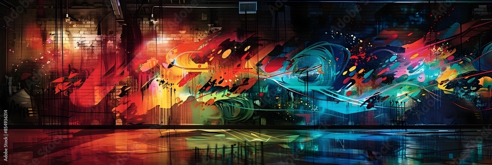 Poster vibrant graffiti inspired abstract cityscape with explosive fluid movements and energetic color pale