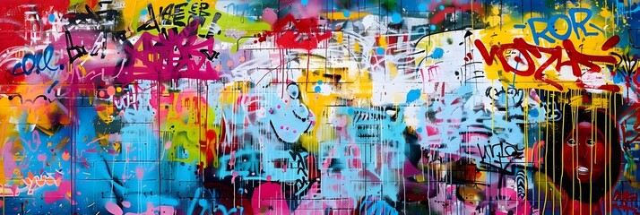 Naklejka premium Vibrant Graffiti Mural Showcasing Urban Expression and Creativity in a Colorful Abstract Street Art Display