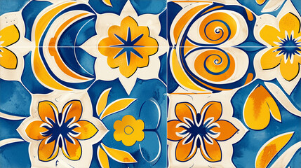 summer floral pattern seamless tiles blue, yellow and orange