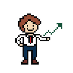 Cute pixel cartoon 8bit character business man businessman smart work life office game for decoration business 8 bit male career smart character game vector.