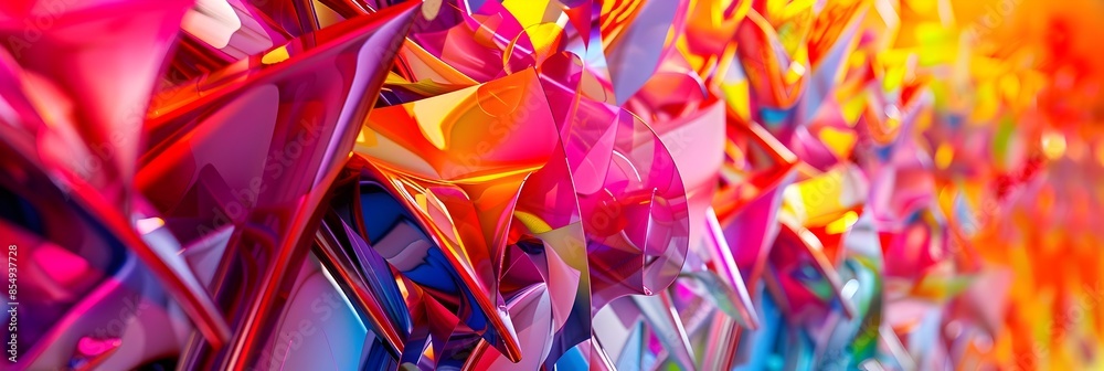 Poster vibrant kaleidoscopic geometric digital art with faceted prisms symmetrical patterns and luminous ir