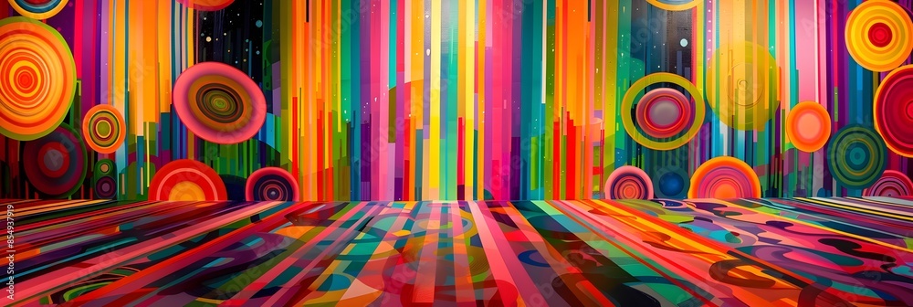 Poster vibrant kaleidoscopic swirls of color and light in a surreal digital landscape