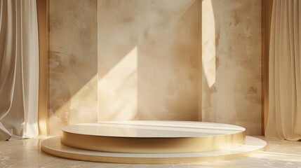 Two tiered gold podium in a light filled room with sheer curtains