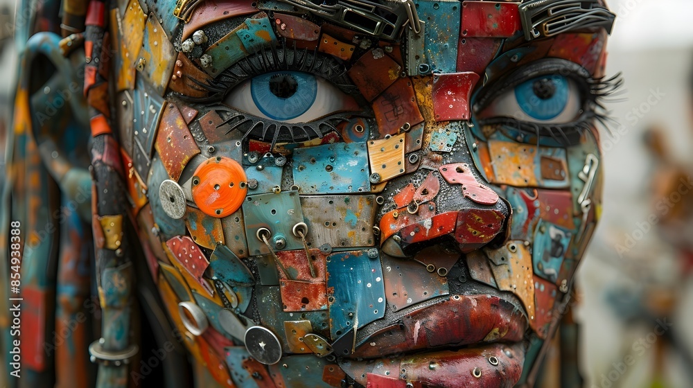 Poster Vibrant Mosaic Face with Surreal Expression in Digital Mixed Media Style