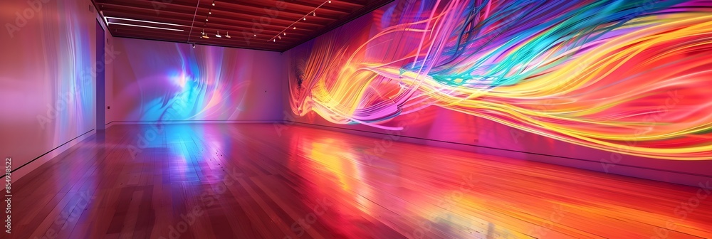 Poster vibrant motion and luminous chromatic waves dance through mesmerizing digital realm of surreal