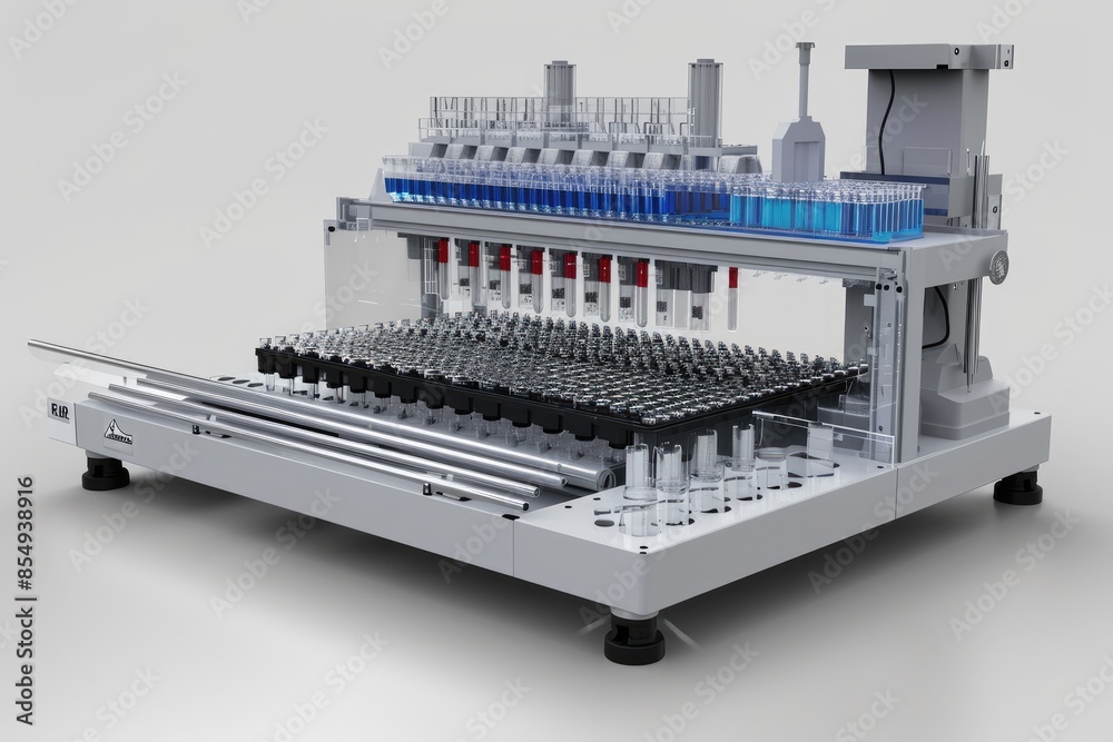 Aufkleber a laboratory with a lot of test tubes and a tray, Render a 3D model of a high-throughput screening setup