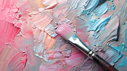 Obraz premium A high-angle shot of a paintbrush dipped in a palette of pastel colors, creating delicate strokes on a canvas, illustrating the soft and subtle beauty of tinted artwork.