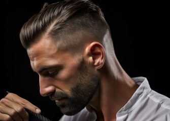 Obraz premium A man with a shaved head and a beard is standing in front of a black background
