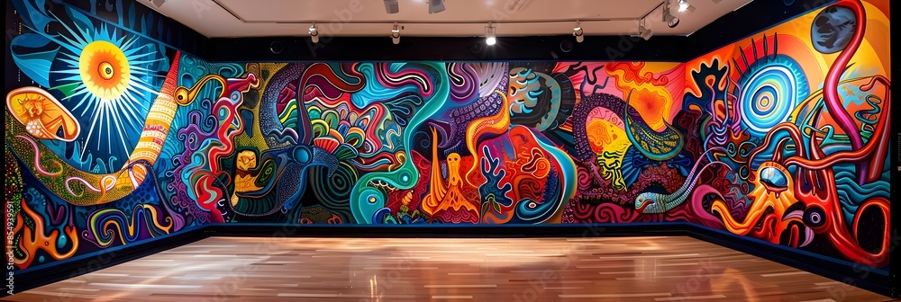 Poster vibrant psychedelic mural showcasing surreal and ethereal expression