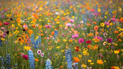 A landscape shot of a field of wildflowers in full bloom, with a diverse array of flowers in every color of the rainbow, creating a vibrant, color-rich tapestry that celebrates the