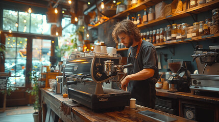 A stylish young man with beard,wearing casual clothes,cooks coffee in a coffee machine in a modern coffee shop.