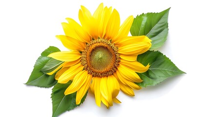 Naklejka premium Vibrant Yellow Sunflower with Green Leaves on White Background