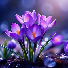 Beautiful crocus flowers with dew drops in early spring.