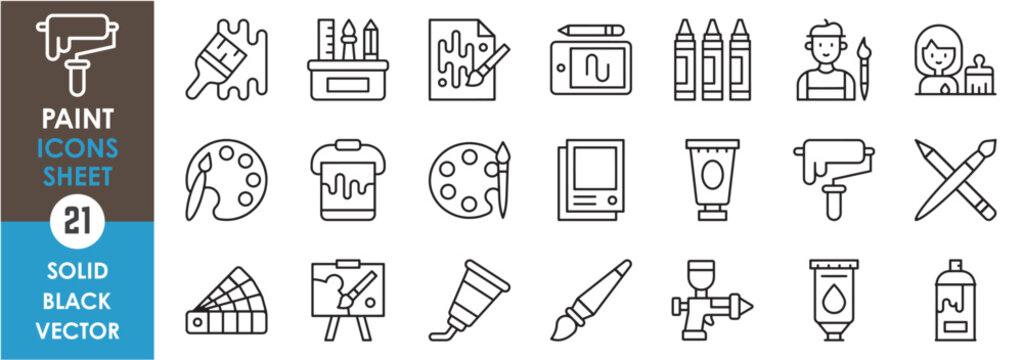 A set of line icons related to paint and painter. Color, paint, painter, brush, spray, digital painting, wallpaper and so on. Vector outline icons set.