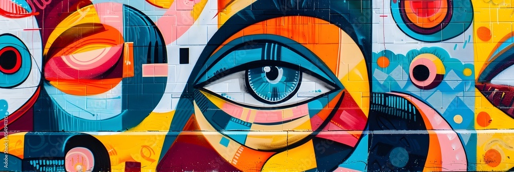 Aufkleber Vibrant Surreal Mural with Expressive Face and Graphic Patterns