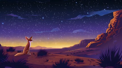 A desert scene where a fennec fox hunts at night, perfectly adapted to its ecological niche, with the starry sky above