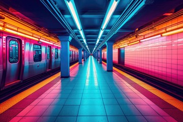 a subway station with a train on the tracks, Vibrant neon subway stations